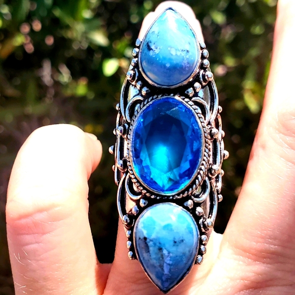 New Swiss Blue Topaz & Mosaic Jasper 925 Silver Statement Ring. - Picture 3 of 11